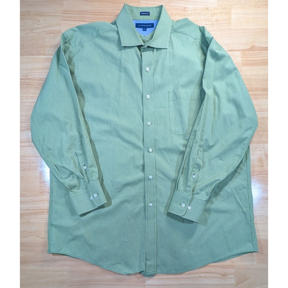 Tommy Hilfiger Mens Dress Shirt 17 32-33 Regular Fit Green Micro Check Button Up